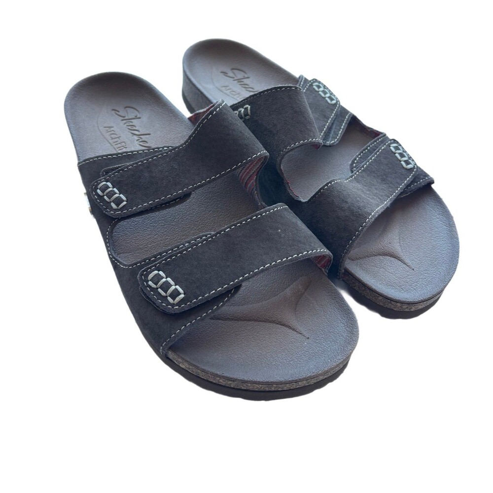 Sketchers Arch Fit Slide Sandals Brown Leather Double Strap Sz 7